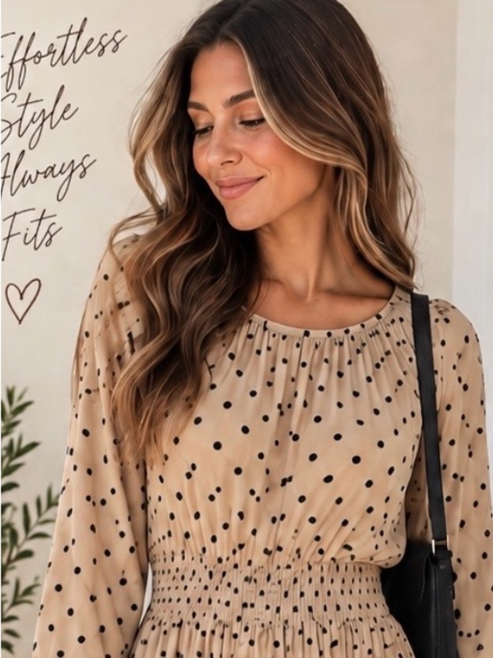 H&M Beige Polka Dot Smocked-Waist Tunic - XXL